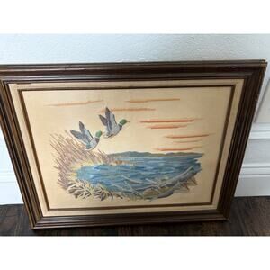 Vintage Framed Embroidery "Mallards in the Wind" Fredrix Canvas 1970s